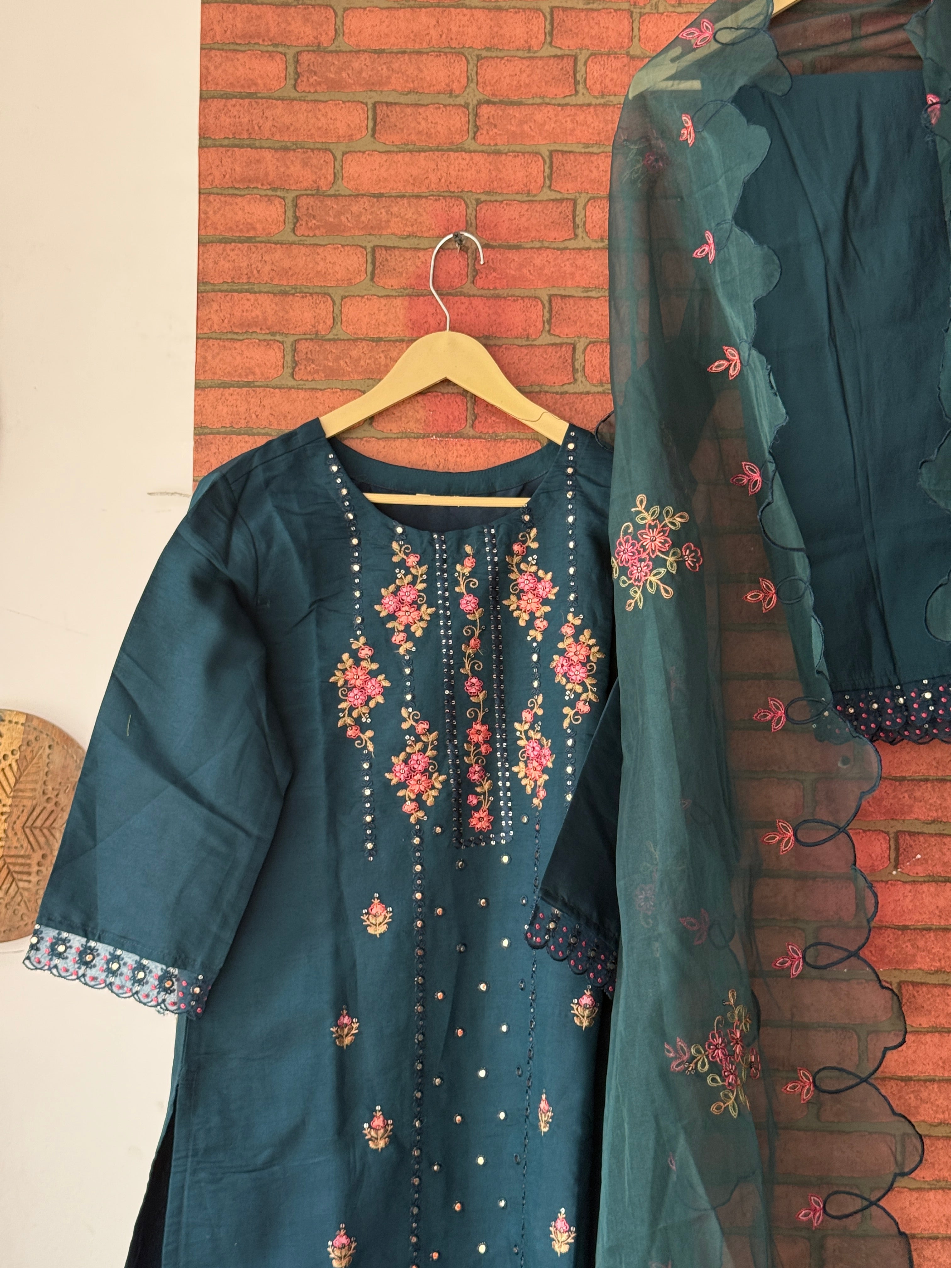 Teal Suit |With lining| Embroidered| Silk