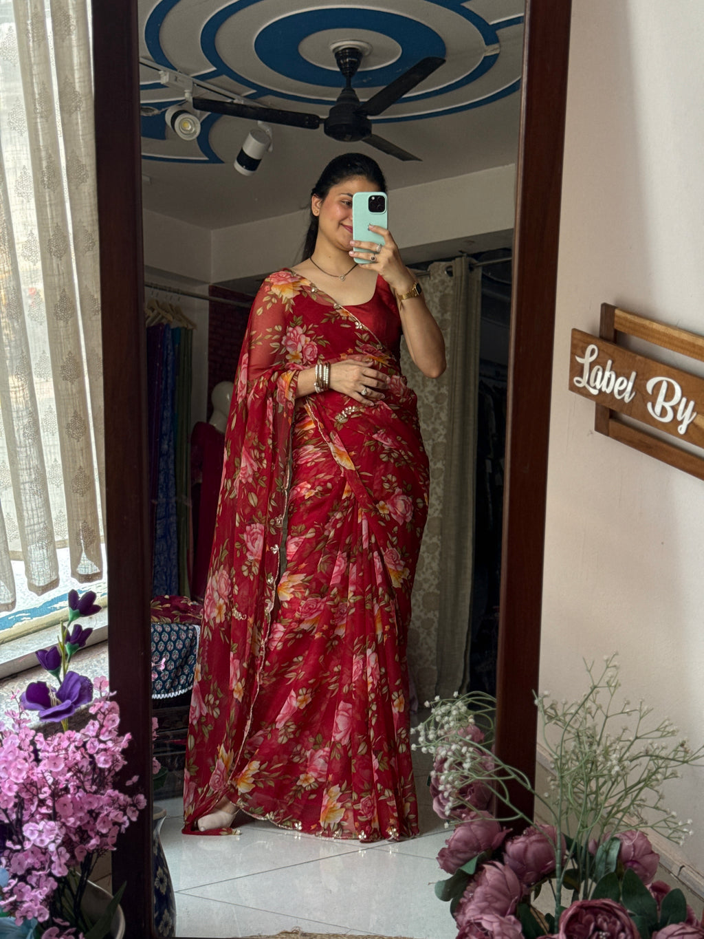 Red floral |Pure Georgette Digital Printed Saree| Handwork cutdana detailing| Without blouse