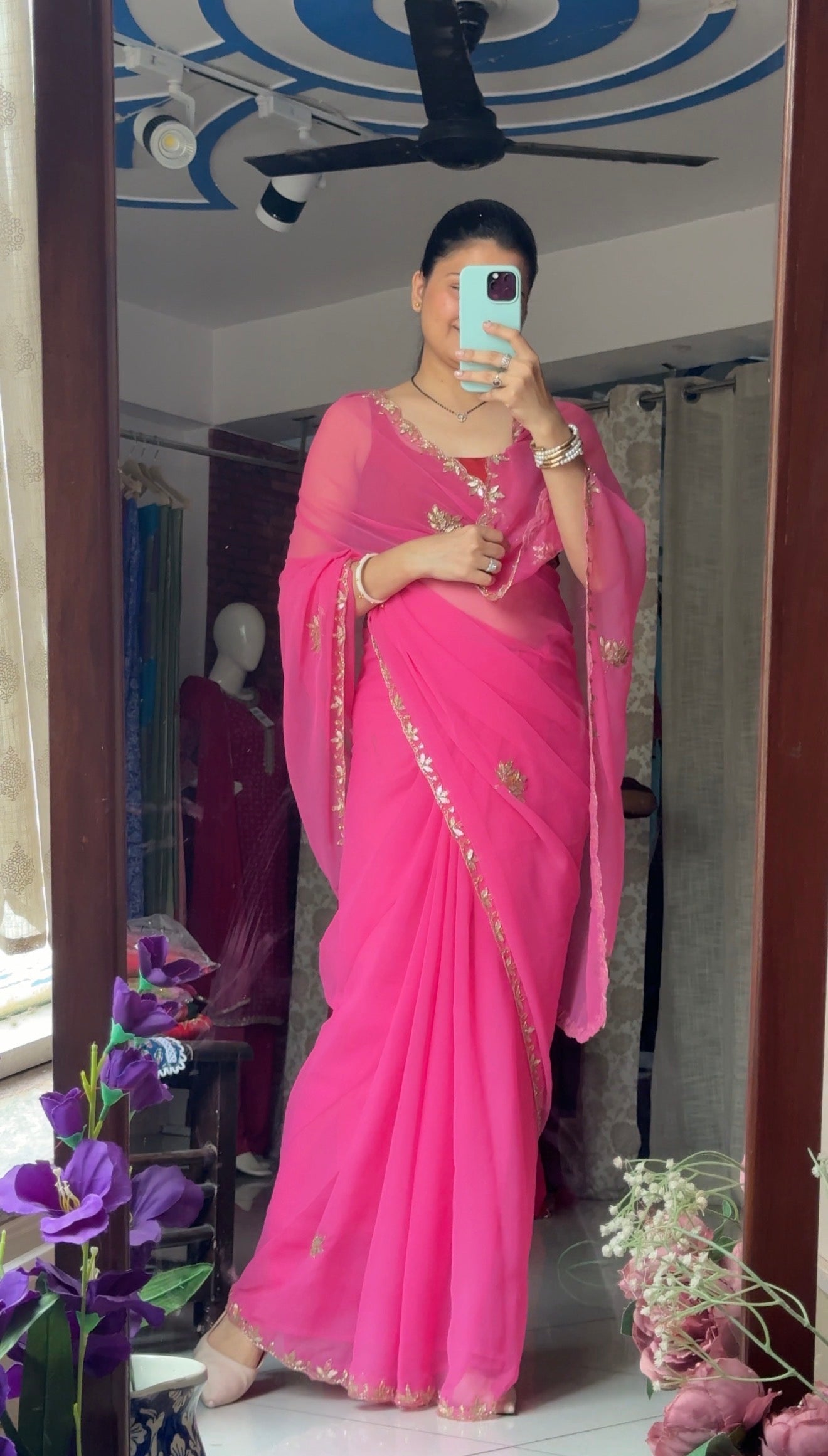 Pink Pure Georgette Saree| Handwork cutdana detailing| With blouse