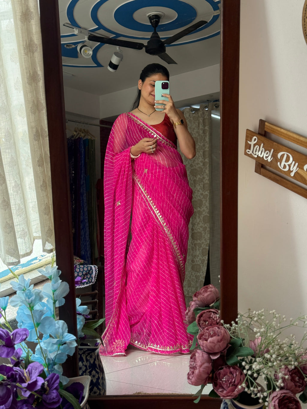Pink  Chiffon Leheriya Saree|  Handwork Gota patti work| With blouse