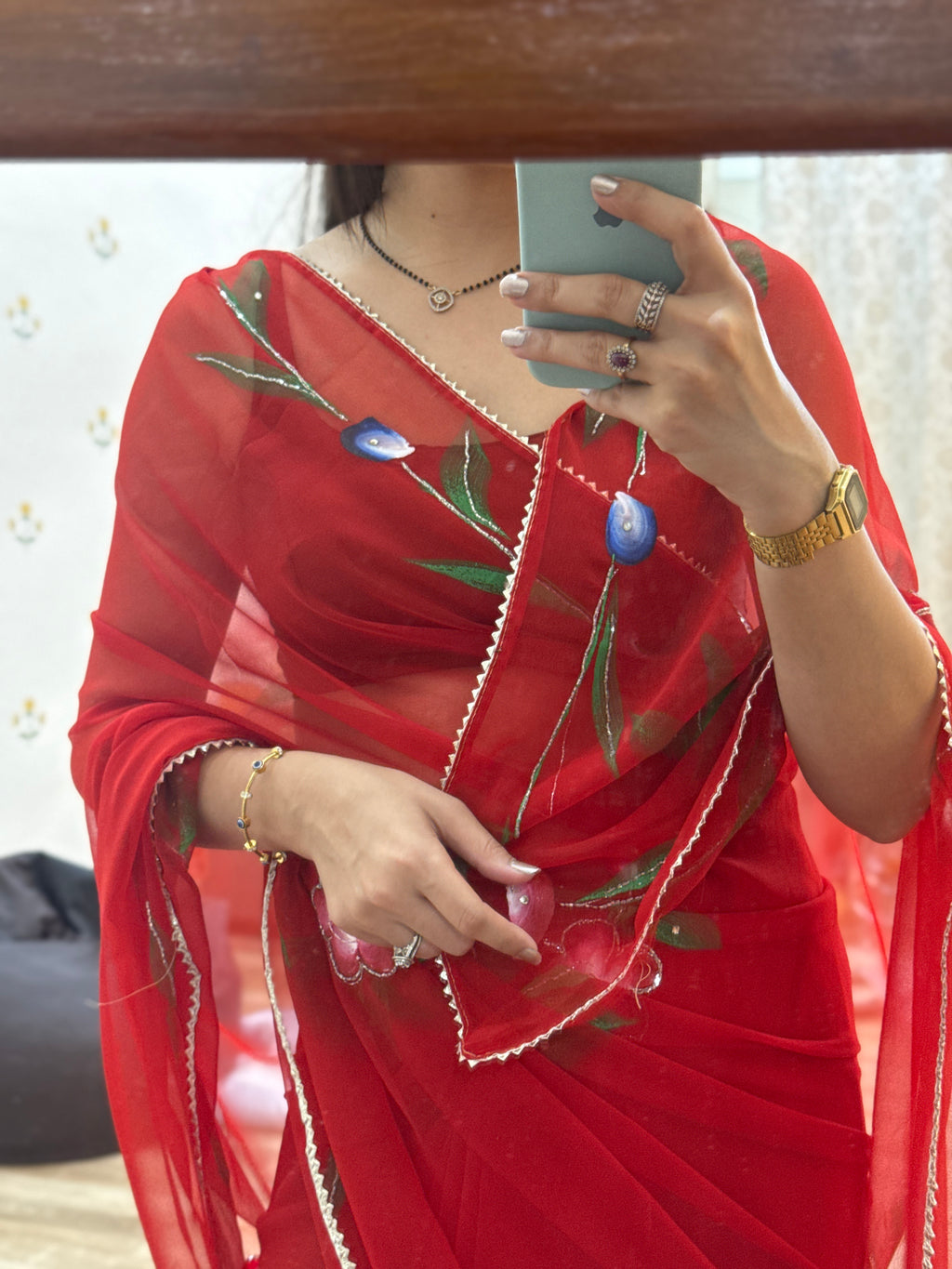 Red floral Handpainted |Pure Georgette Digital Printed Saree| Handwork cutdana detailing| Without blouse