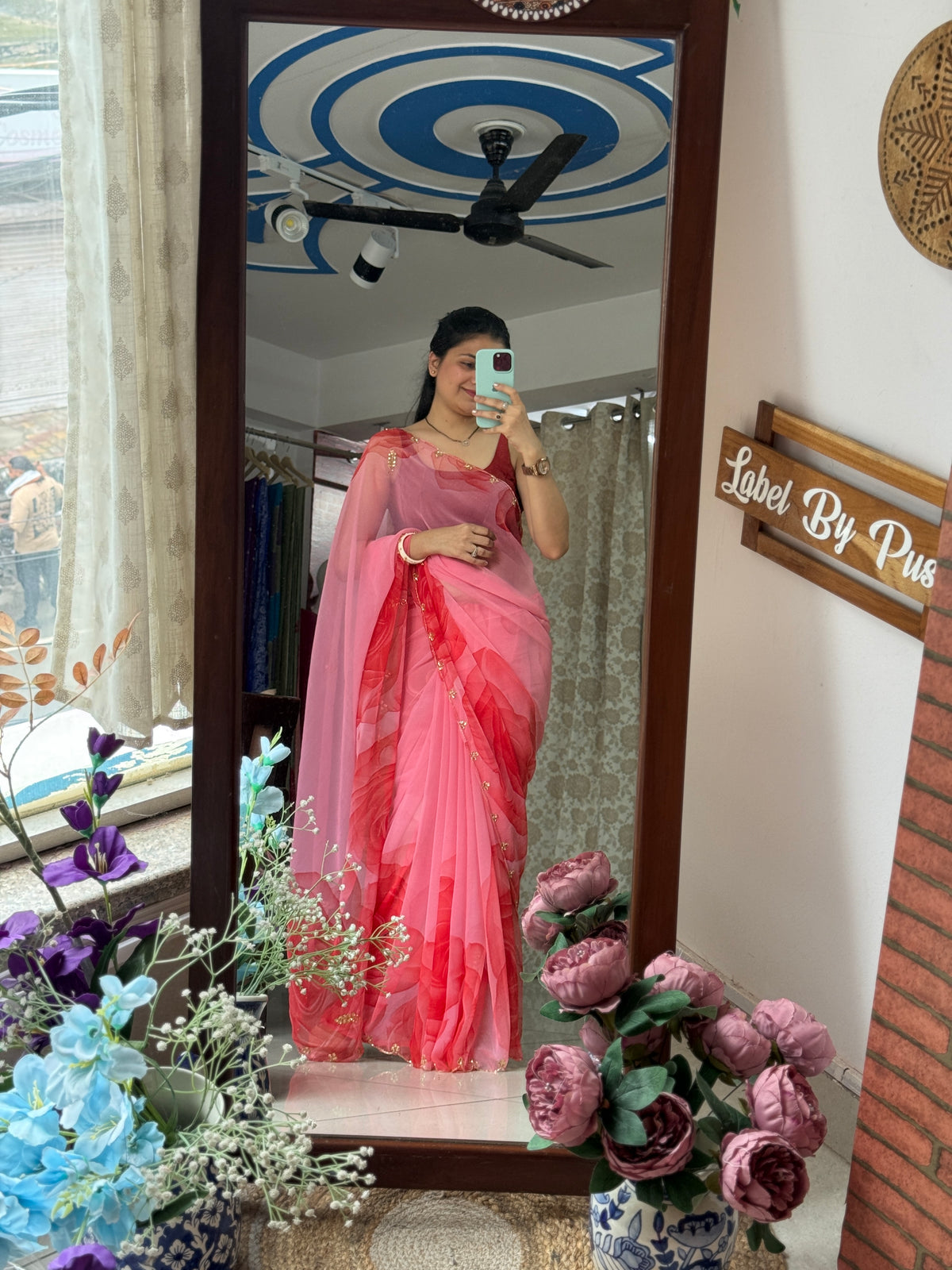 Pink Pure Georgette Handblock Digital Printed Saree| Handwork cutdana detailing| Without blouse