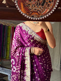 Purple Pure Gaji Silk Bandhani Saree with Gotta Patti Handwork|Comes with blouse | Premium Handwork Saree