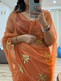 Orange Zari Embroidered| Georgette Sarees| Without Blouse