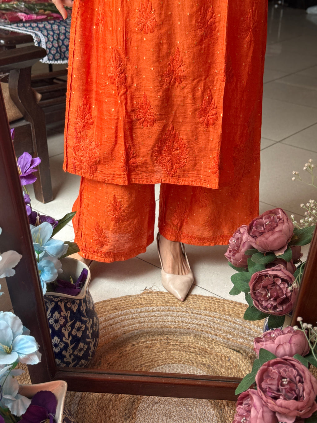 Orange Yellow Mul Chanderi | Chikankari Hand embroidery| cotton lining in bottom| Premium design