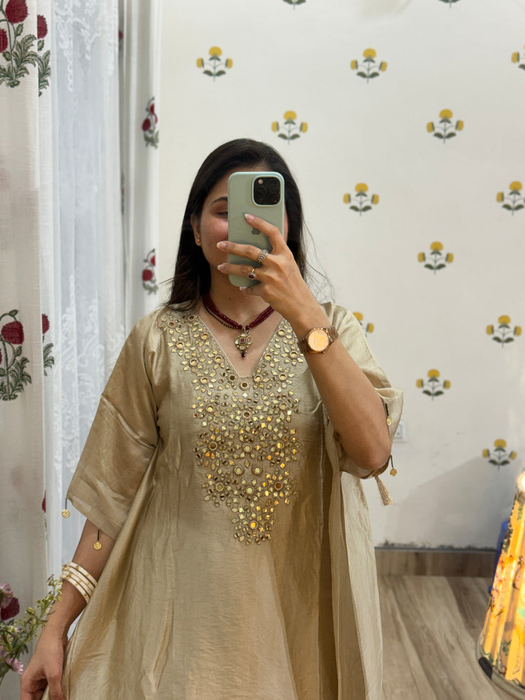 Crushed Tissue Partywear Kaftan Set| With cotton lining in top & bottom | Real mirror work