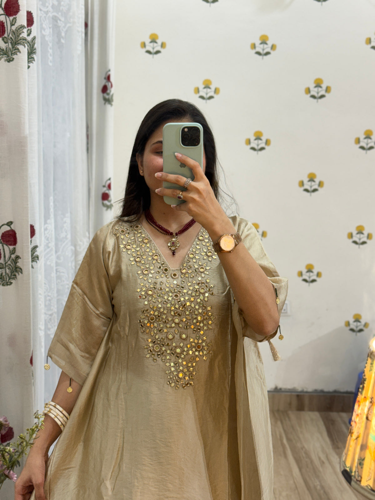 Crushed Tissue Partywear Kaftan Set| With cotton lining in top & bottom | Real mirror work