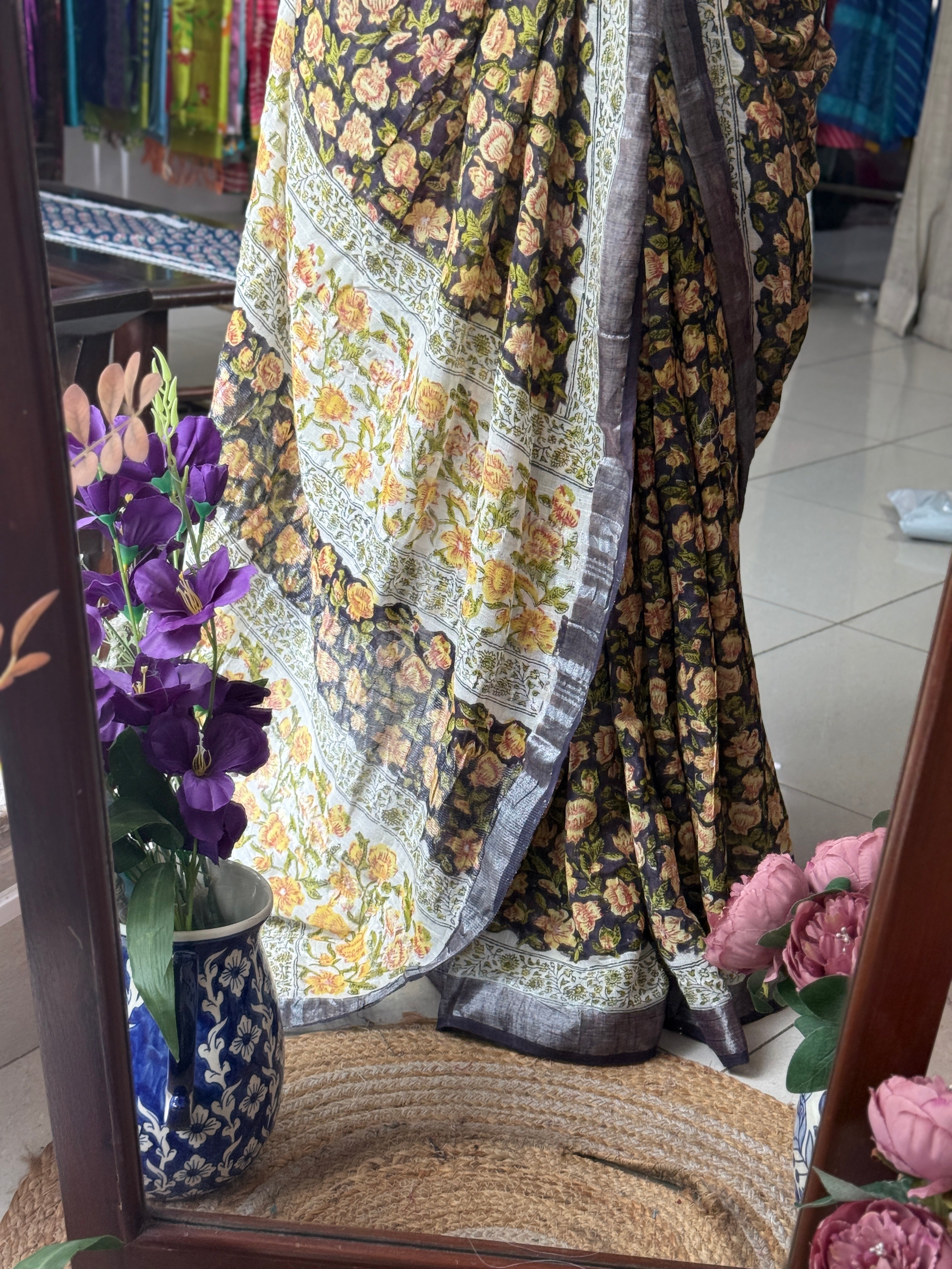 Block printed linen Saree|with blouse|Bestseller