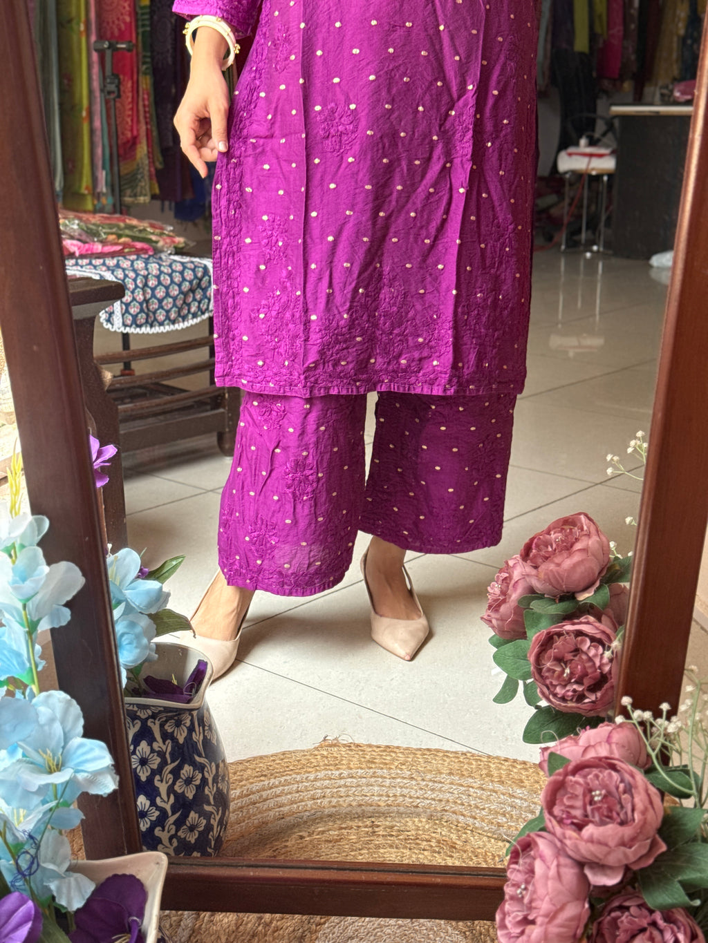 Purple Mul Chanderi | Chikankari Hand embroidery| cotton lining in bottom| Premium design