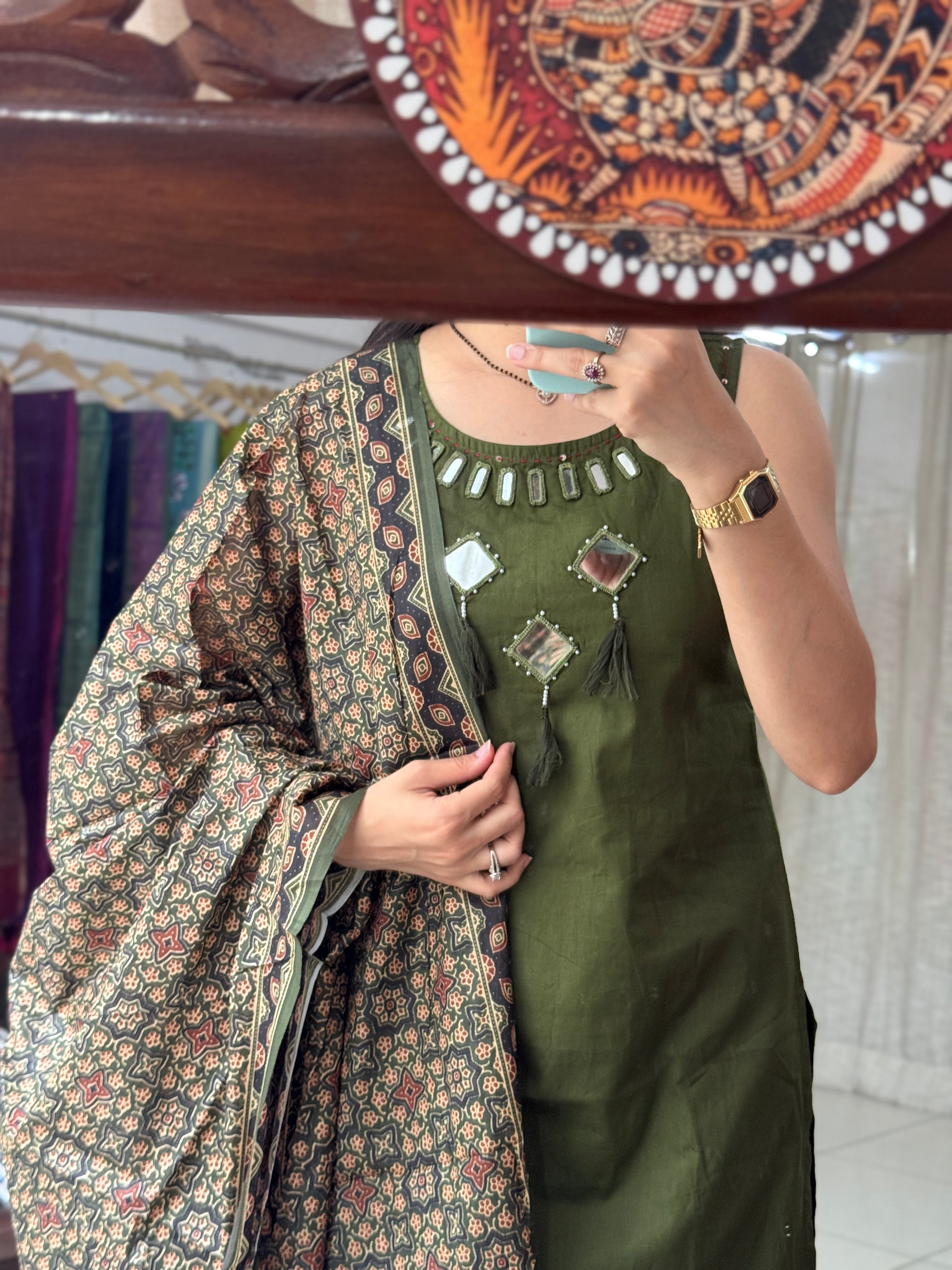Green Ajrakh Sleeveless Suit Set