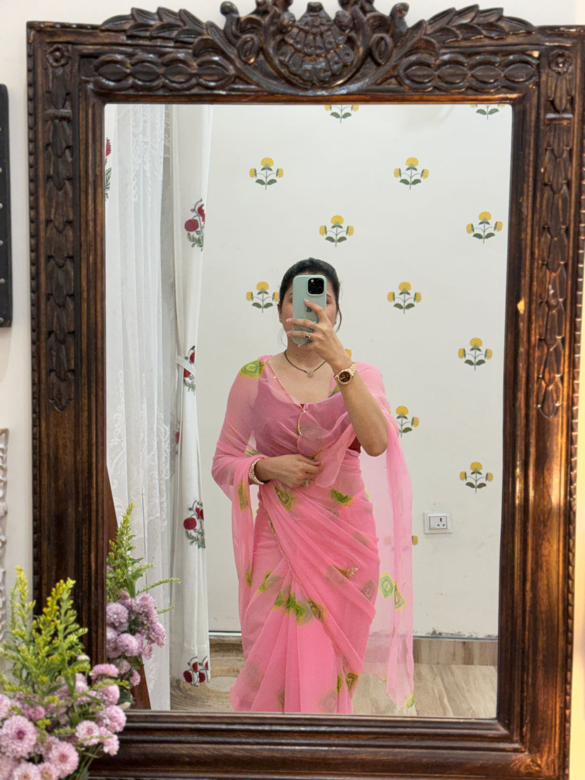 Pink |Pure Georgette Digital Printed Saree| Handwork cutdana detailing| Without blouse