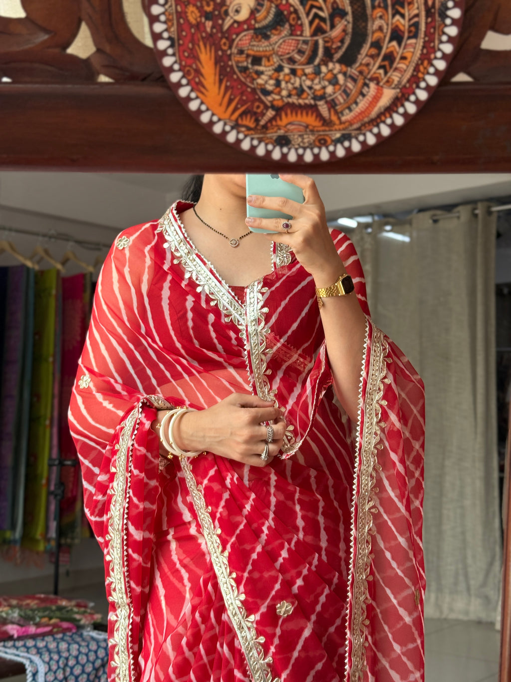 Red Chiffon Leheriya Saree|  Handwork Gota patti work| With blouse