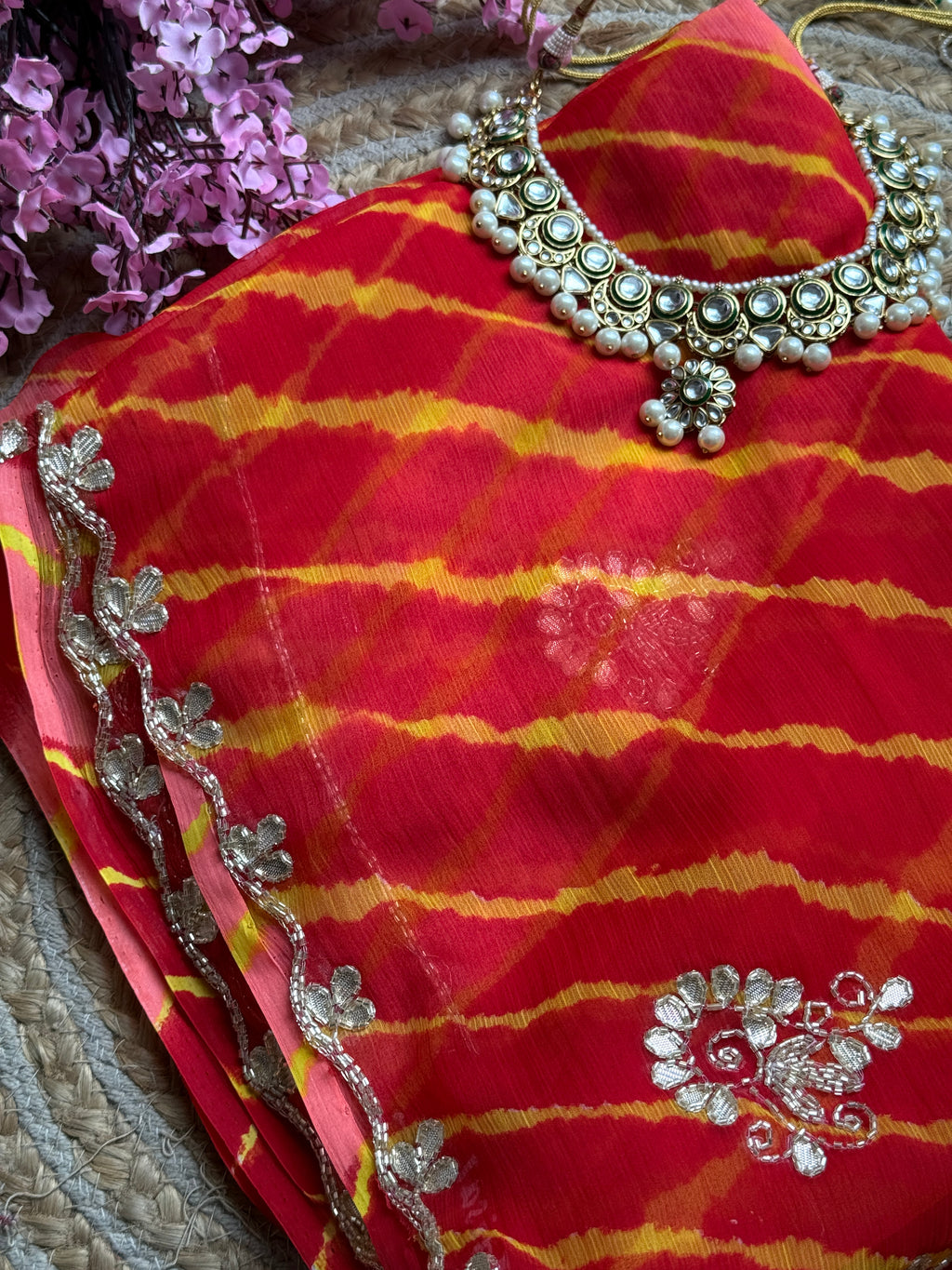 Orange Yellow |Pure Georgette Handblock Digital Printed Saree| Handwork cutdana buta detailing| With blouse