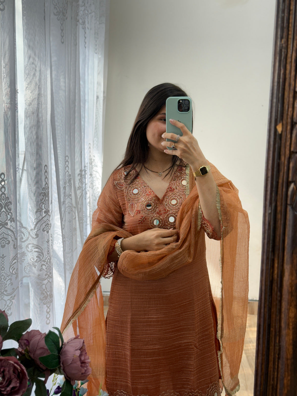 Orange Crushed Tissue Suit Set| Hand Embroidered |With lining in top & bottom| Beautiful Duppata