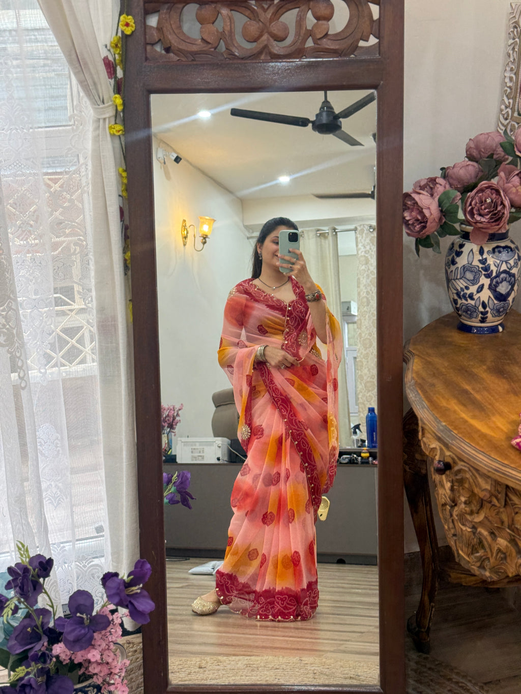 Dual tone |Pure Georgette Digital Printed Saree| Handwork cutdana detailing| Without blouse
