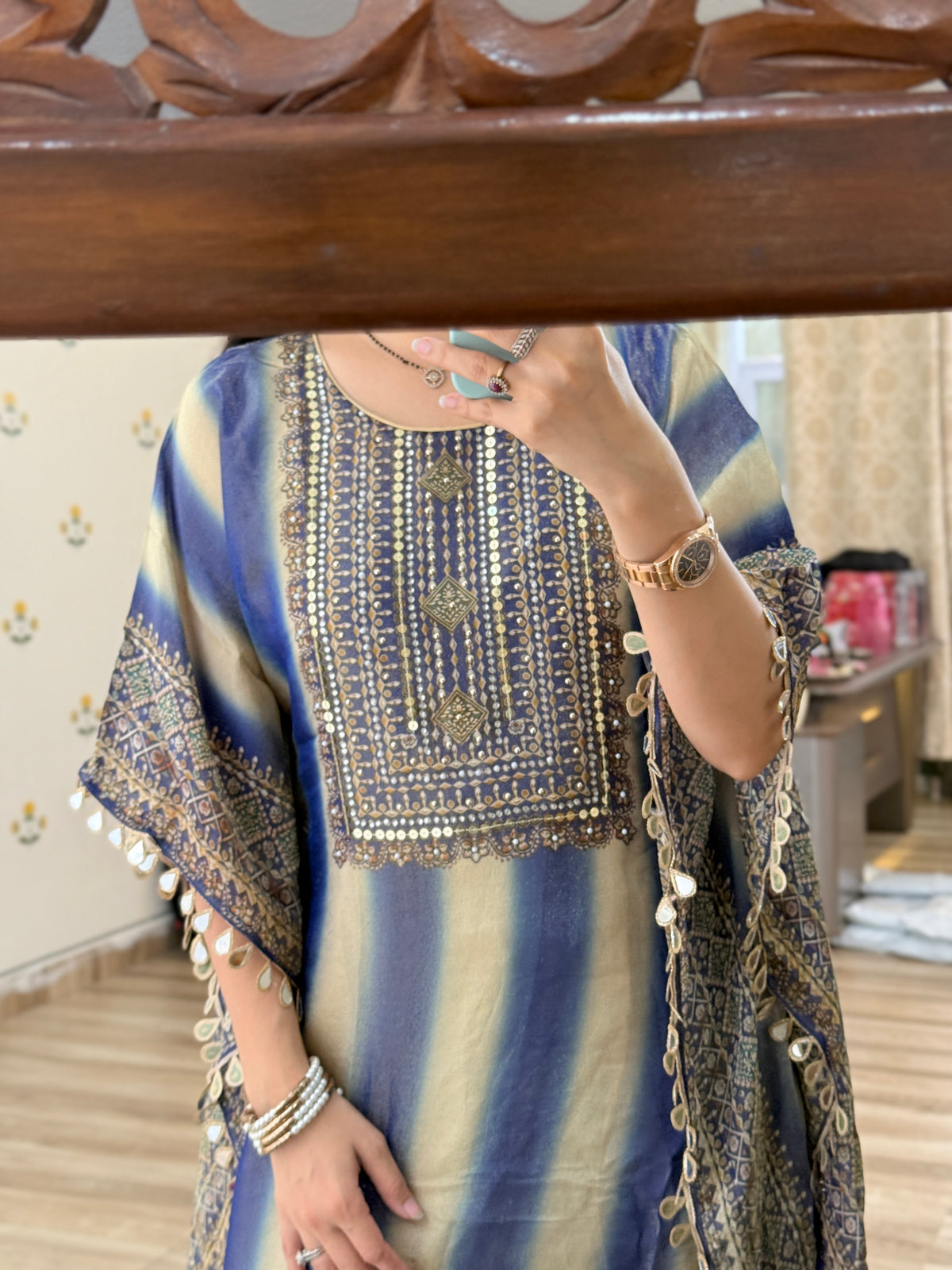 Tissue Shimmer Partywear Kaftan Set| With lining| Real mirror work| Hand Embroidered with