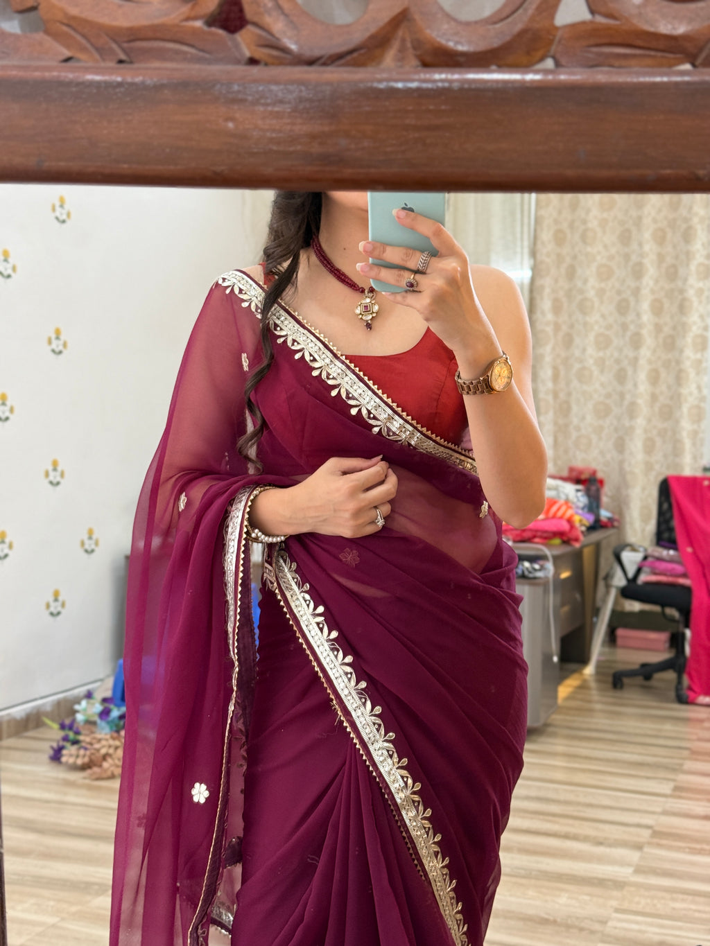 Wine Georgette Saree | Gotta Pati Handwork | With blouse