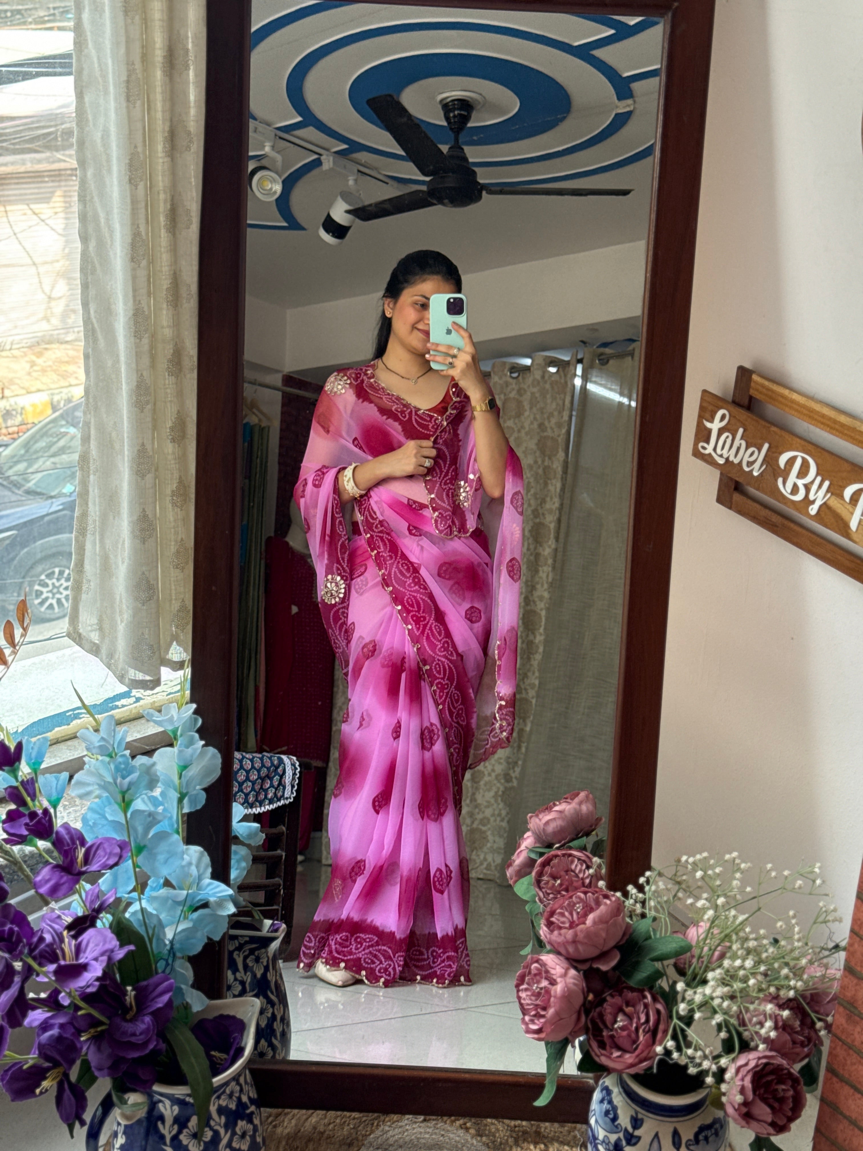 Dual tone Pure Georgette Handblock Digital Printed Saree| Handwork cutdana buta detailing| With blouse