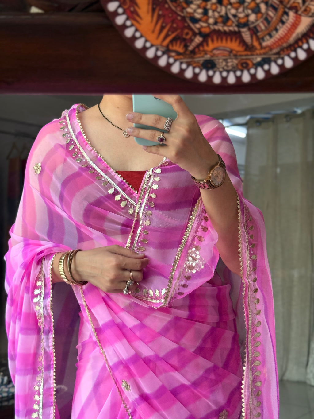 Dual Pink  Leheriya Saree|  Handwork Gota patti work| With blouse