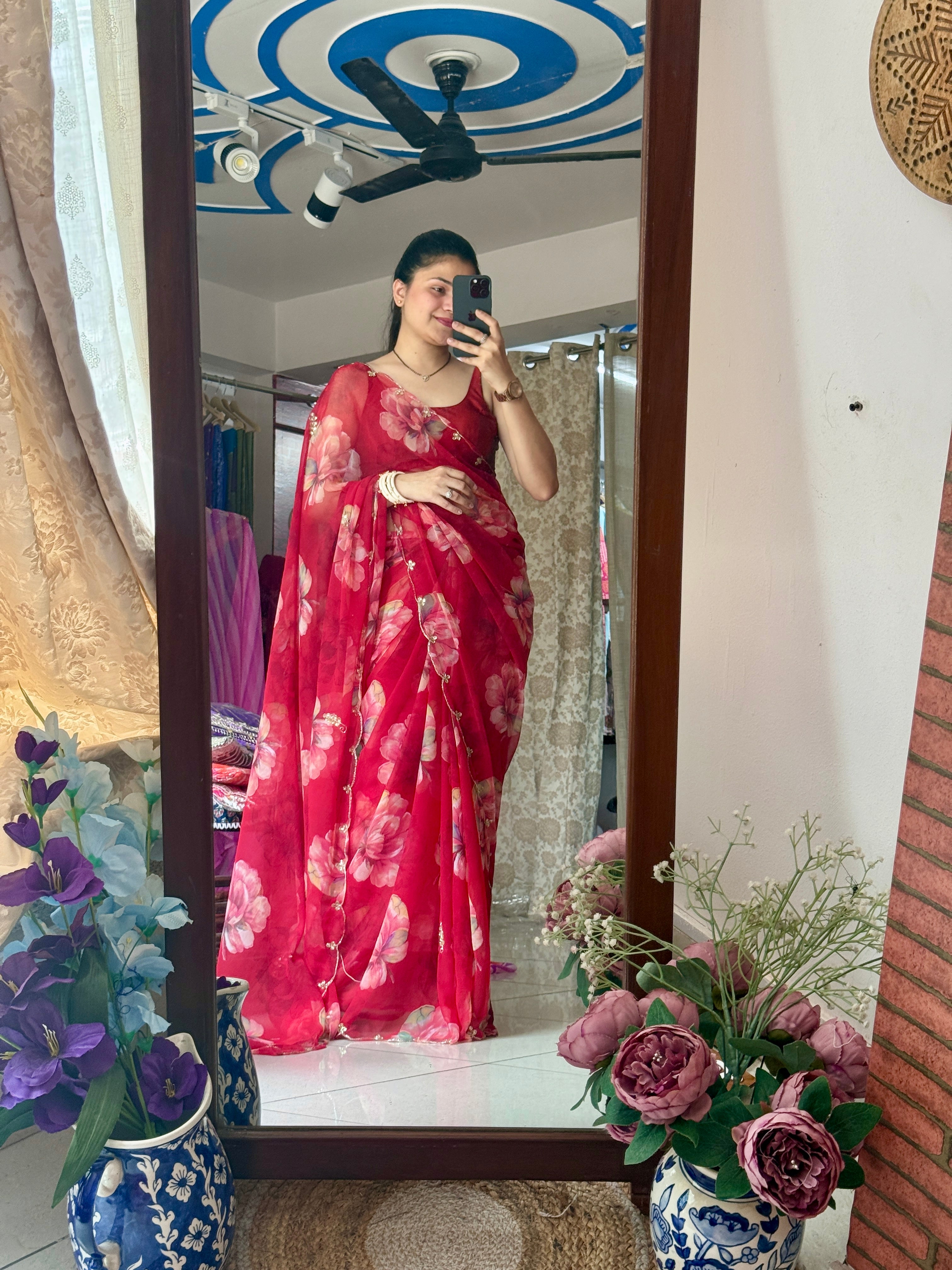 Red Floral |Pure Georgette Digital Printed Saree| Handwork cutdana detailing| Without blouse
