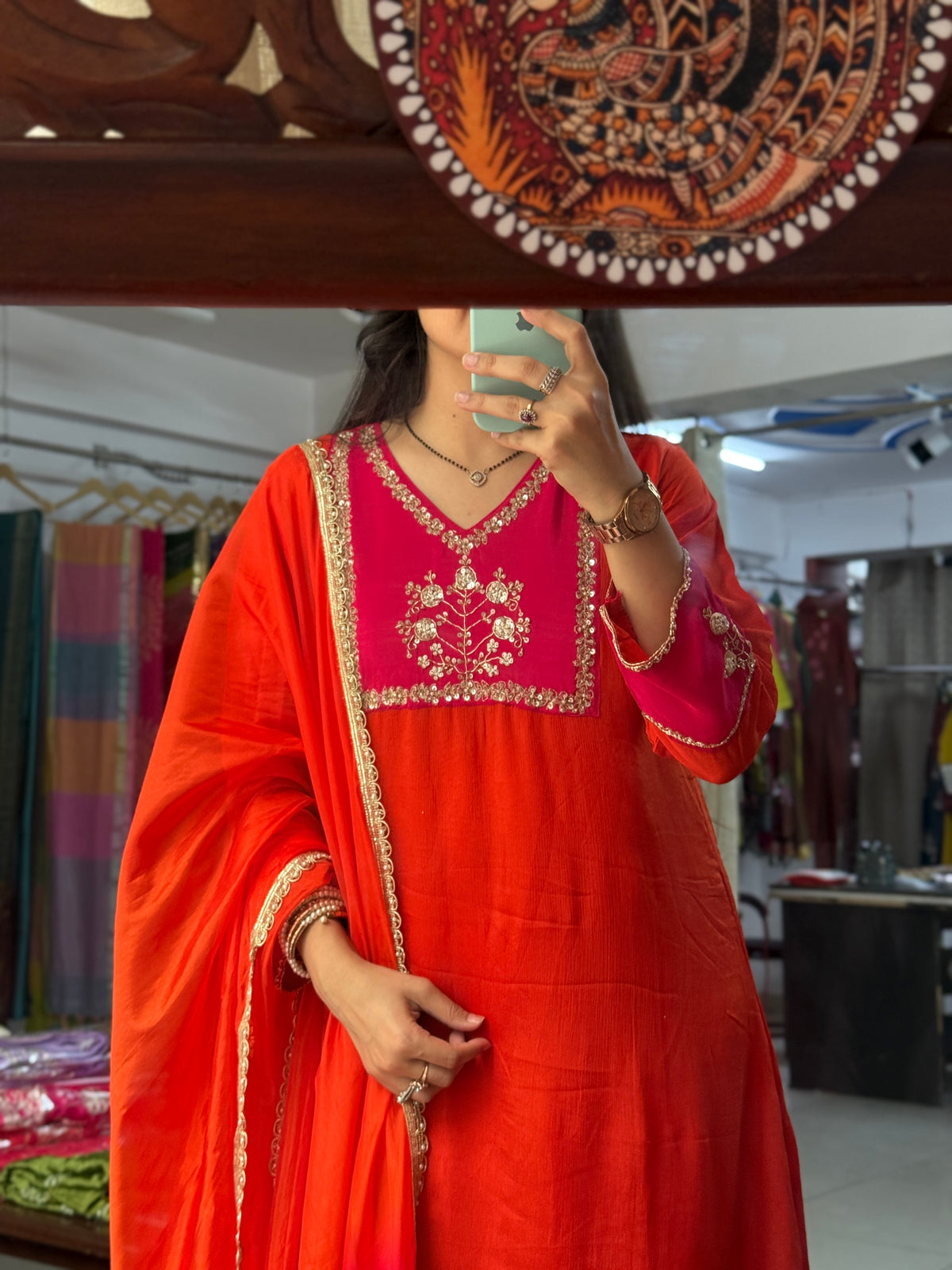 Pink Orange Chinon Suit Set with Hand Embroidered Neckline & Designer sleeves and bottom with dual tone Duppata with lacework