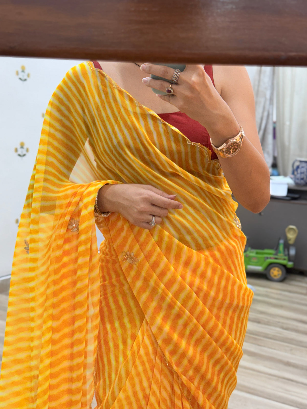 Mustard Yellow |Pure Georgette Digital Printed Saree| Handwork cutdana detailing| Without blouse