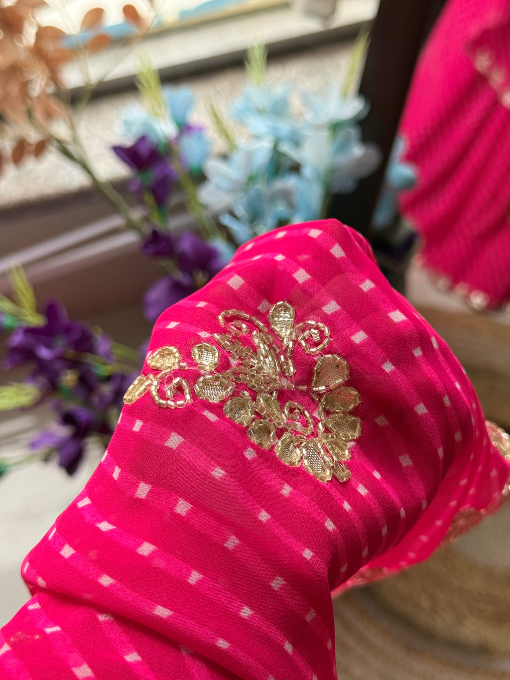 Pink Leheriya | Pure Georgette Handblock Digital Printed Saree| Handwork cutdana buta detailing| With blouse