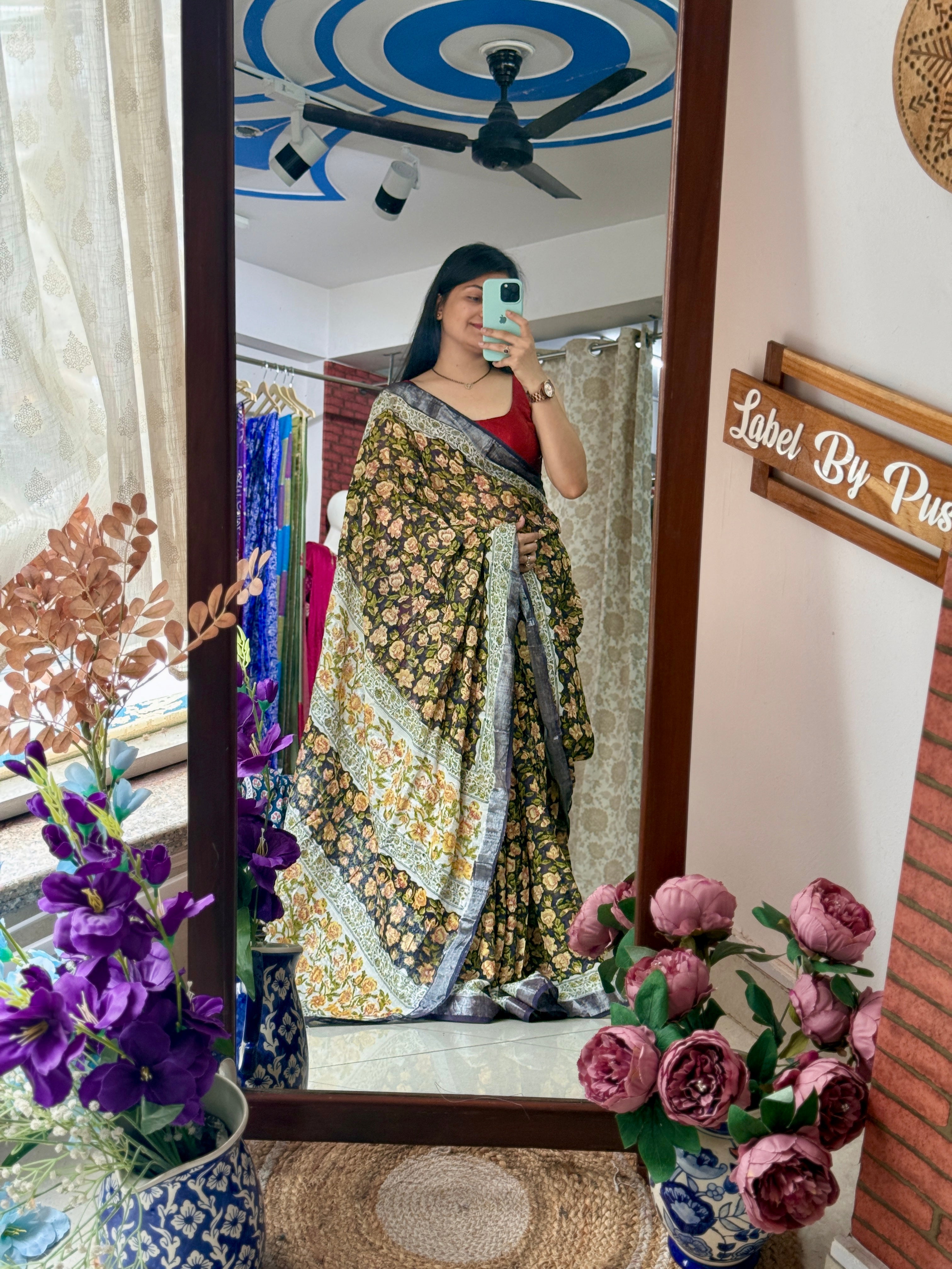 Block printed linen Saree|with blouse|Bestseller