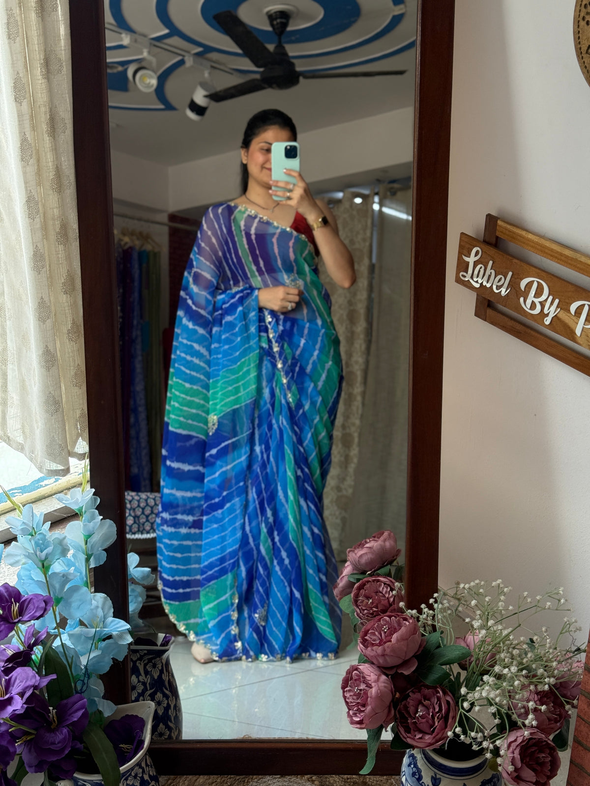 Blue Green Pure Georgette Handblock Digital Printed Saree| Handwork cutdana buta detailing| With blouse