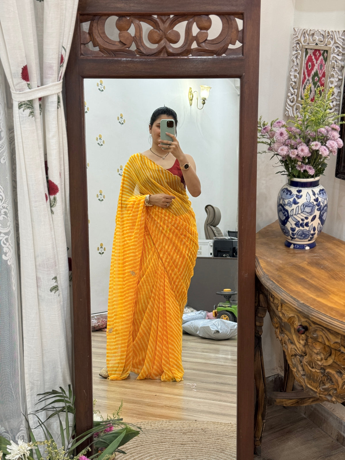Mustard Yellow |Pure Georgette Digital Printed Saree| Handwork cutdana detailing| Without blouse