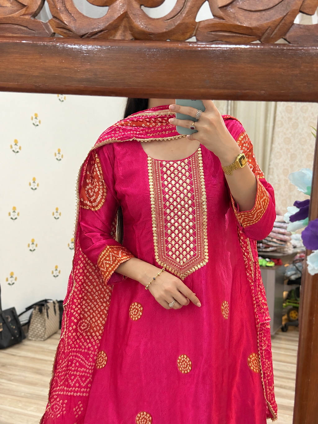 Premium Gajji Silk Suit| Printed back| Bandhani Duppata| Lining