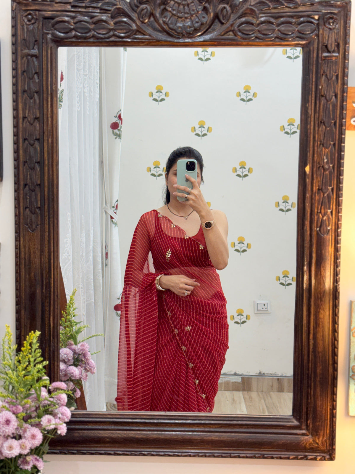 Red Bandhani |Pure Georgette Digital Printed Saree| Handwork cutdana detailing| Without blouse