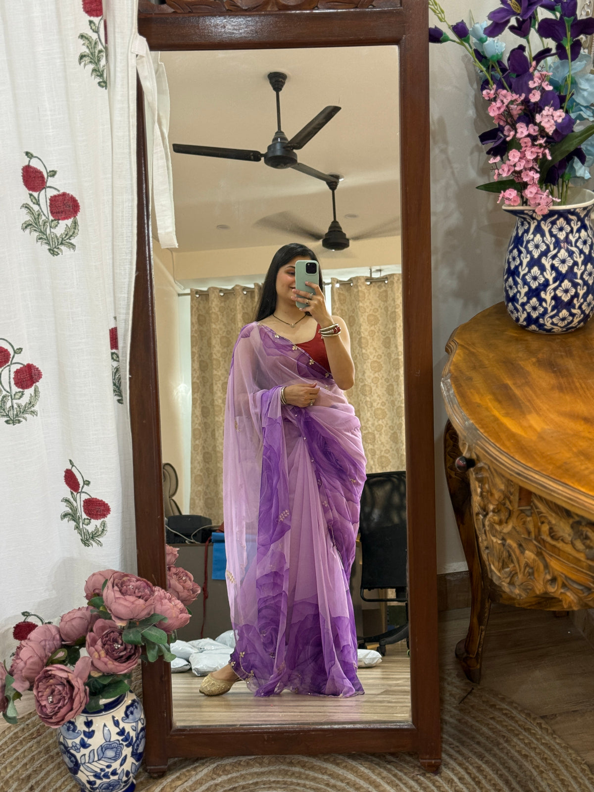 Floral Pure Georgette Handblock Digital Printed Saree| Handwork cutdana detailing| Without blouse