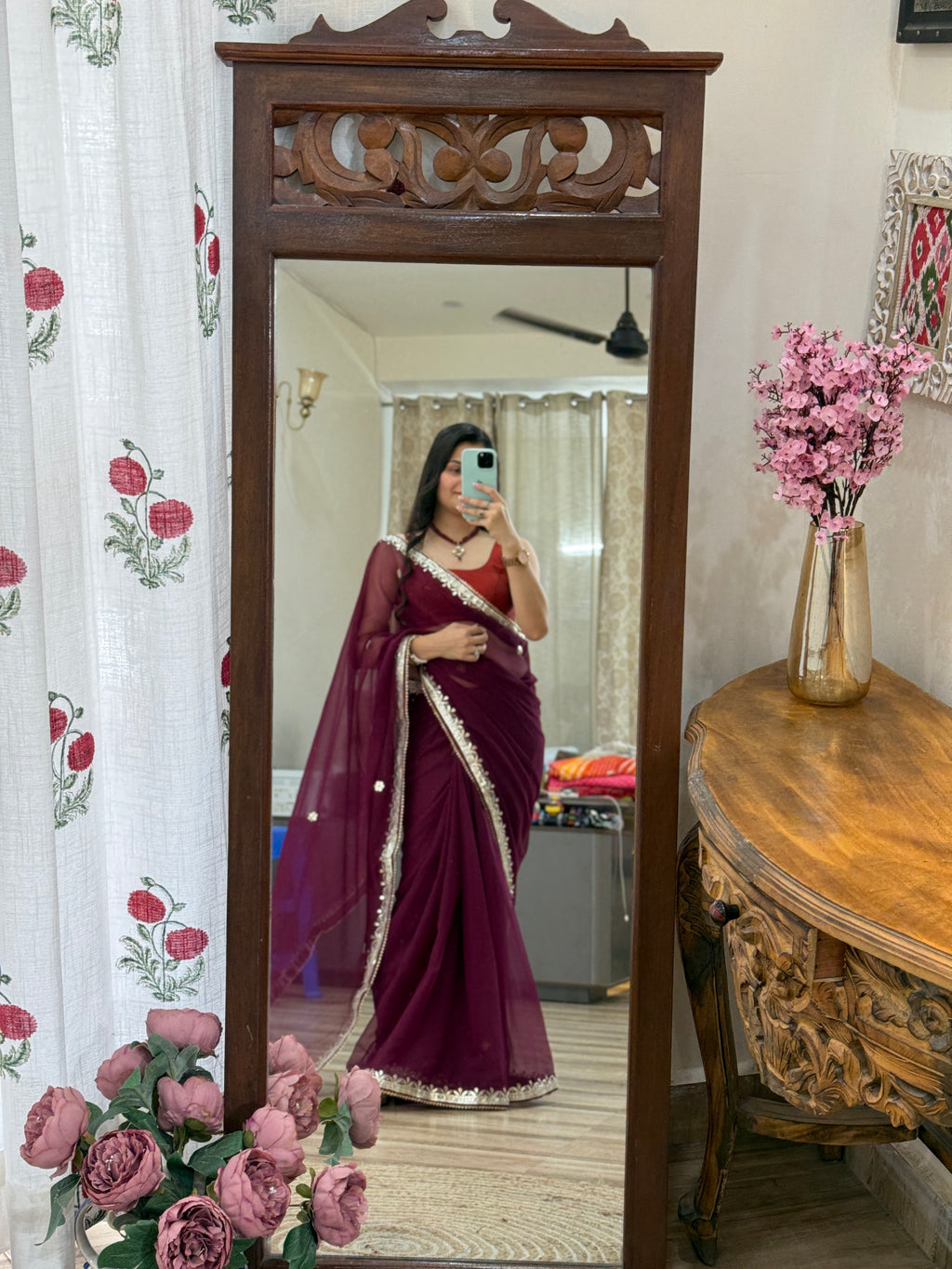 Wine Georgette Saree | Gotta Pati Handwork | With blouse