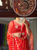 Orange Yellow |Pure Georgette Handblock Digital Printed Saree| Handwork cutdana buta detailing| With blouse