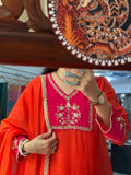 Pink Orange Chinon Suit Set with Hand Embroidered Neckline & Designer sleeves and bottom with dual tone Duppata with lacework