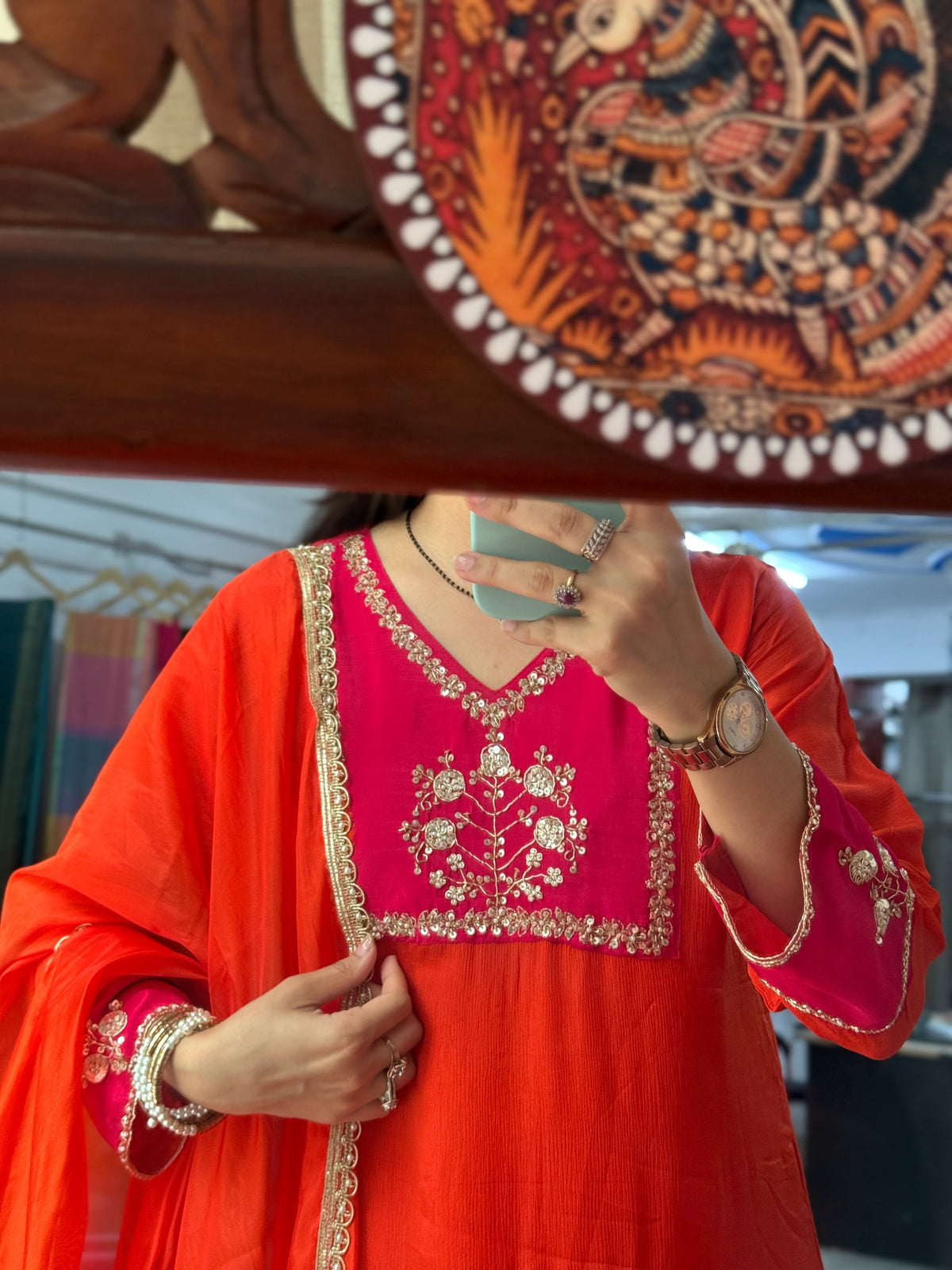 Pink Orange Chinon Suit Set with Hand Embroidered Neckline & Designer sleeves and bottom with dual tone Duppata with lacework