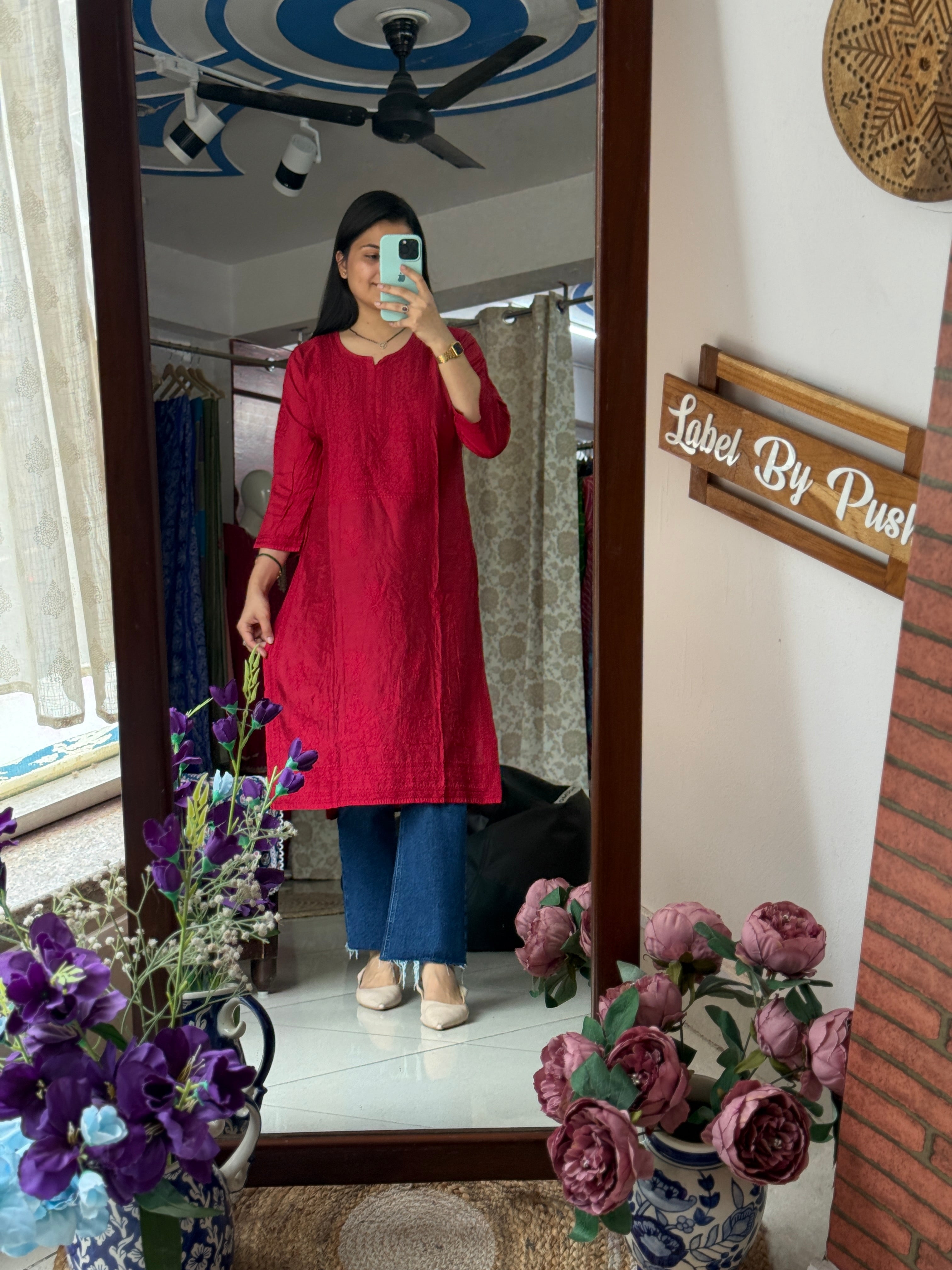 Red Mul Chanderi Kurta| Chikankari Work|Hand Embroidery| Partywear Kurta