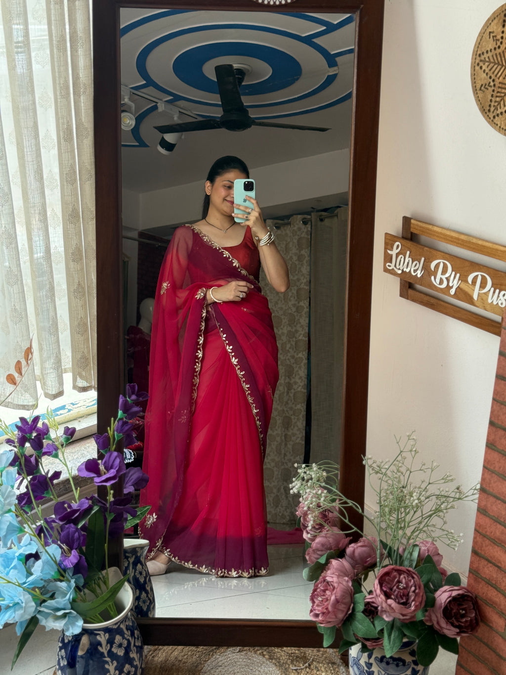 Dual tone Pure Georgette Saree| Handwork cutdana detailing| With blouse