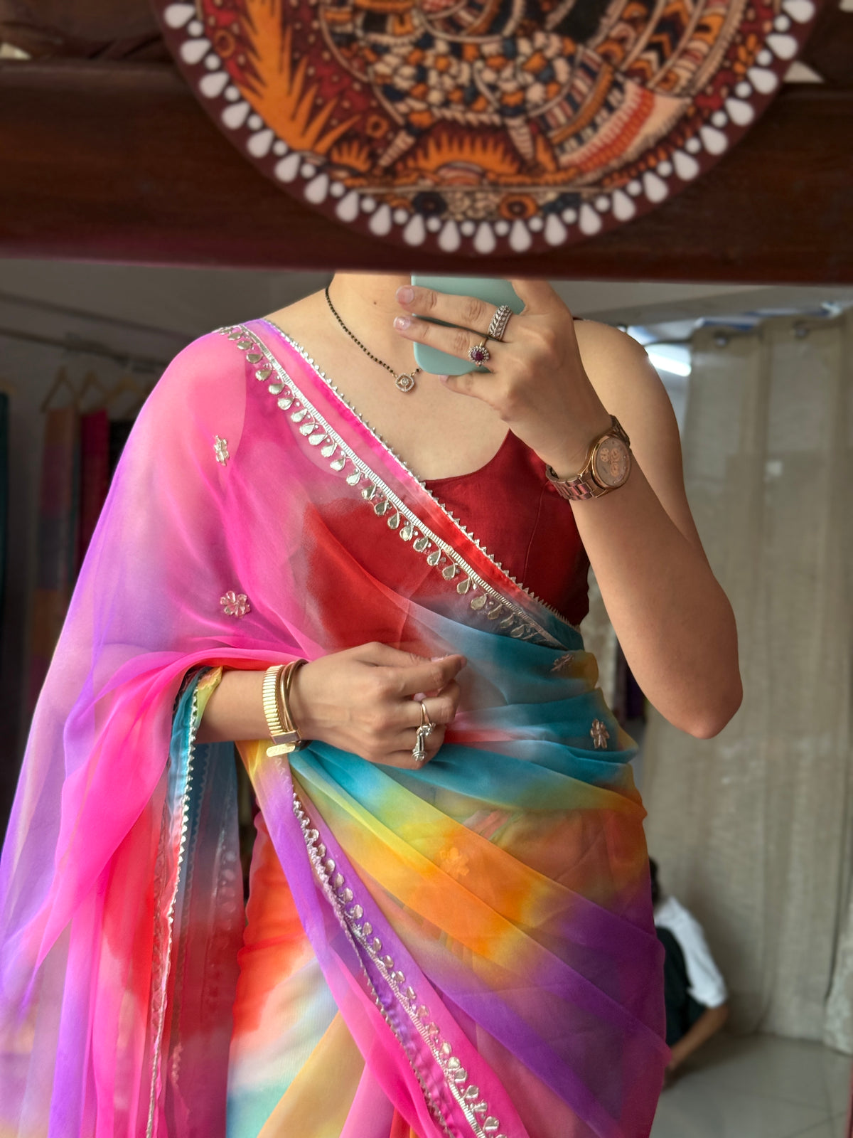 Multi Leheriya  Chiffon Leheriya Saree|  Handwork Gota patti work| With blouse