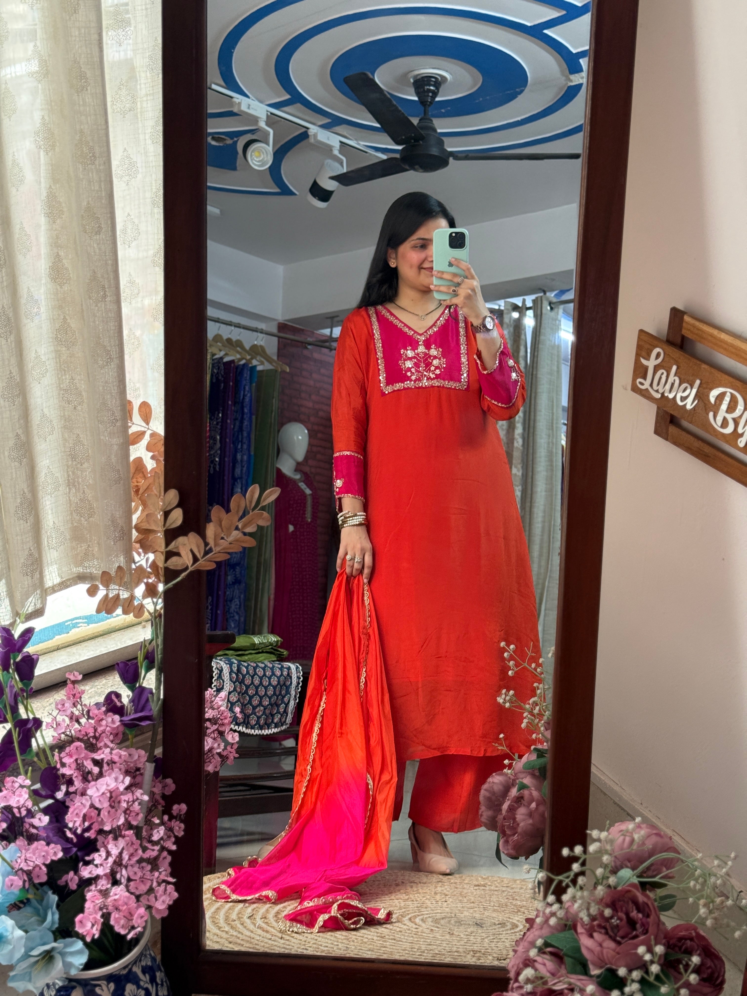 Pink Orange Chinon Suit Set with Hand Embroidered Neckline & Designer sleeves and bottom with dual tone Duppata with lacework