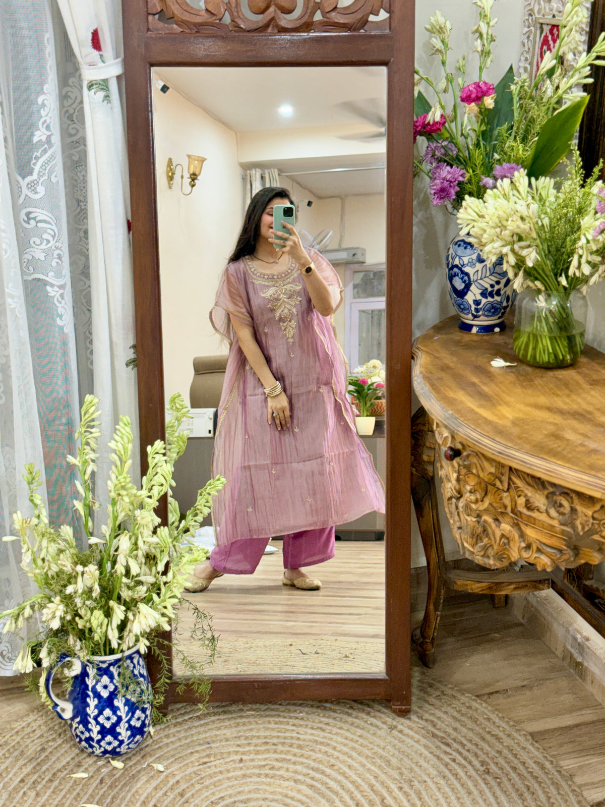 Designer Partywear Crushed Tissue Kaftan suit | With inner| Hand Embroidered