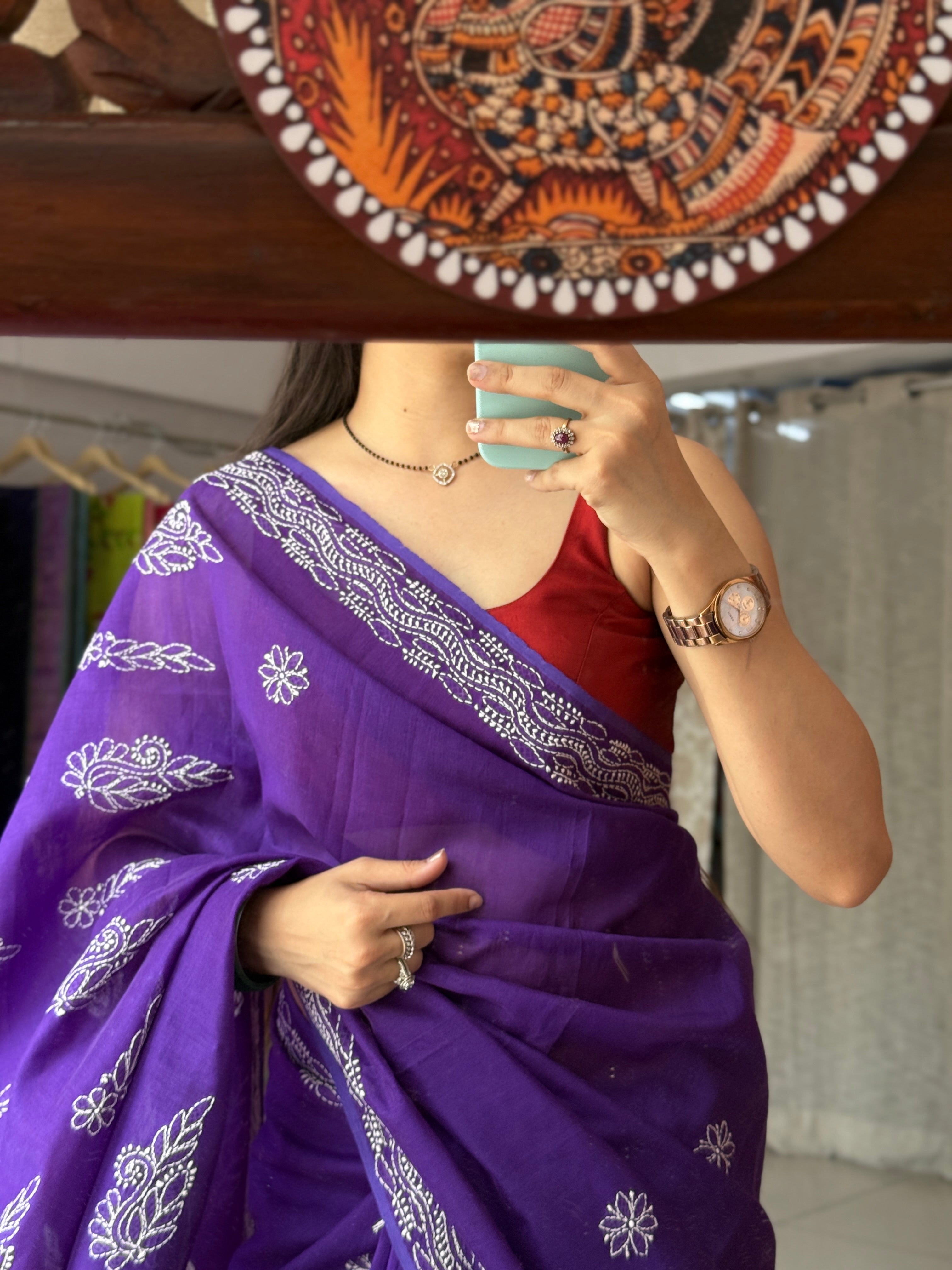 Purple Hand Embroidered Chikanakri Saree| Mul Chanderi Fabric| With embroidered blouse