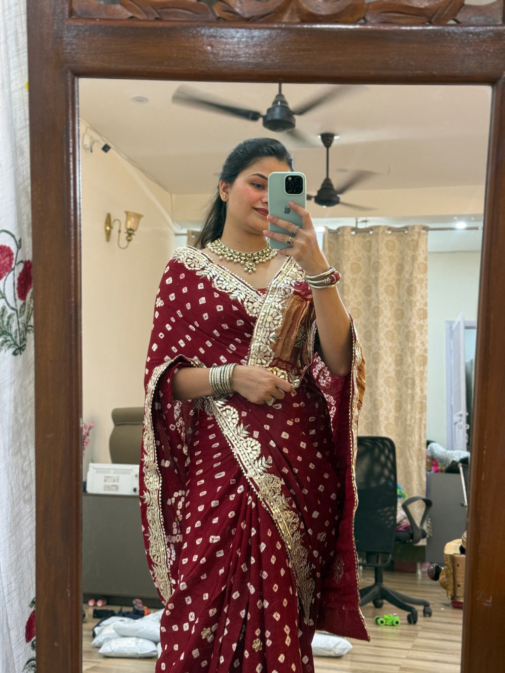 Maroon Pure Gaji Silk Bandhani Saree with Gotta Patti Handwork|Comes with blouse | Premium Handwork Saree