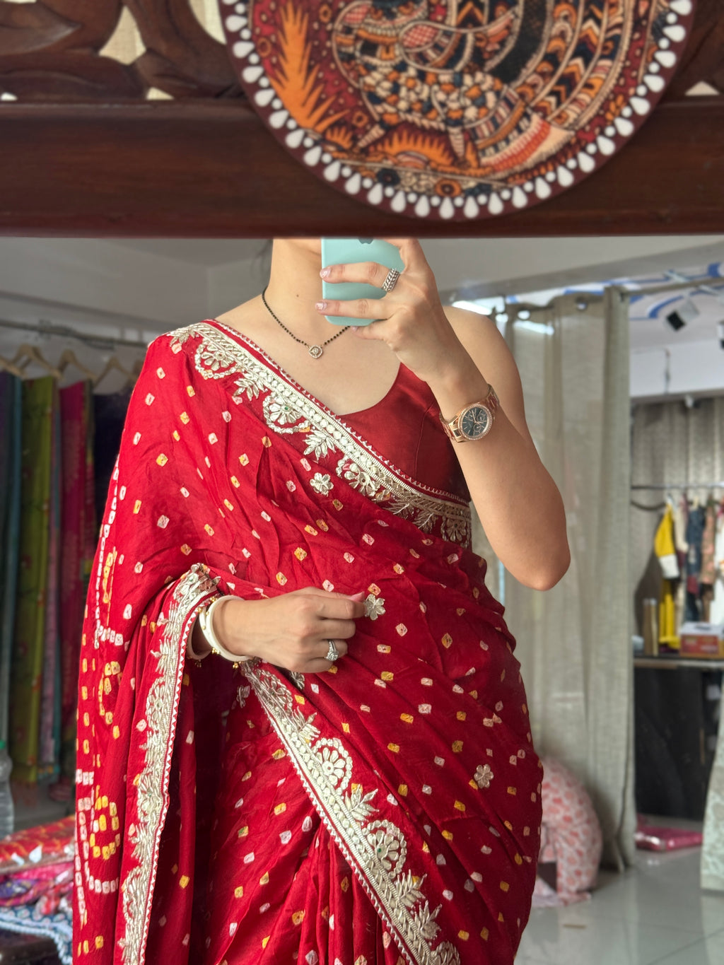 Red Pure Gaji Silk Bandhani Saree with Gotta Patti Handwork|Comes with blouse | Premium Handwork Saree