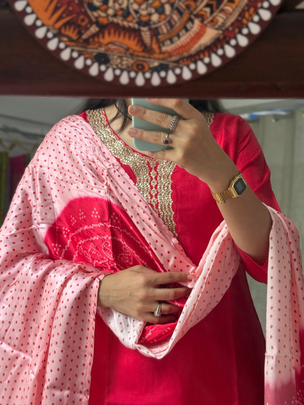 Gajji Silk bandhani Suit Set for Women | Embroidered neckline | Cotton lining| Bandhani Dupatta with lugdi patta