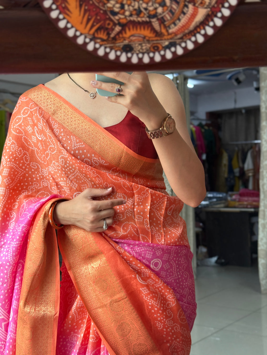 Orange Pink Bandhani Saree|  Woven border on both sides| With blouse| Self weave dola silk