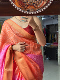 Orange Pink Bandhani Saree|  Woven border on both sides| With blouse| Self weave dola silk