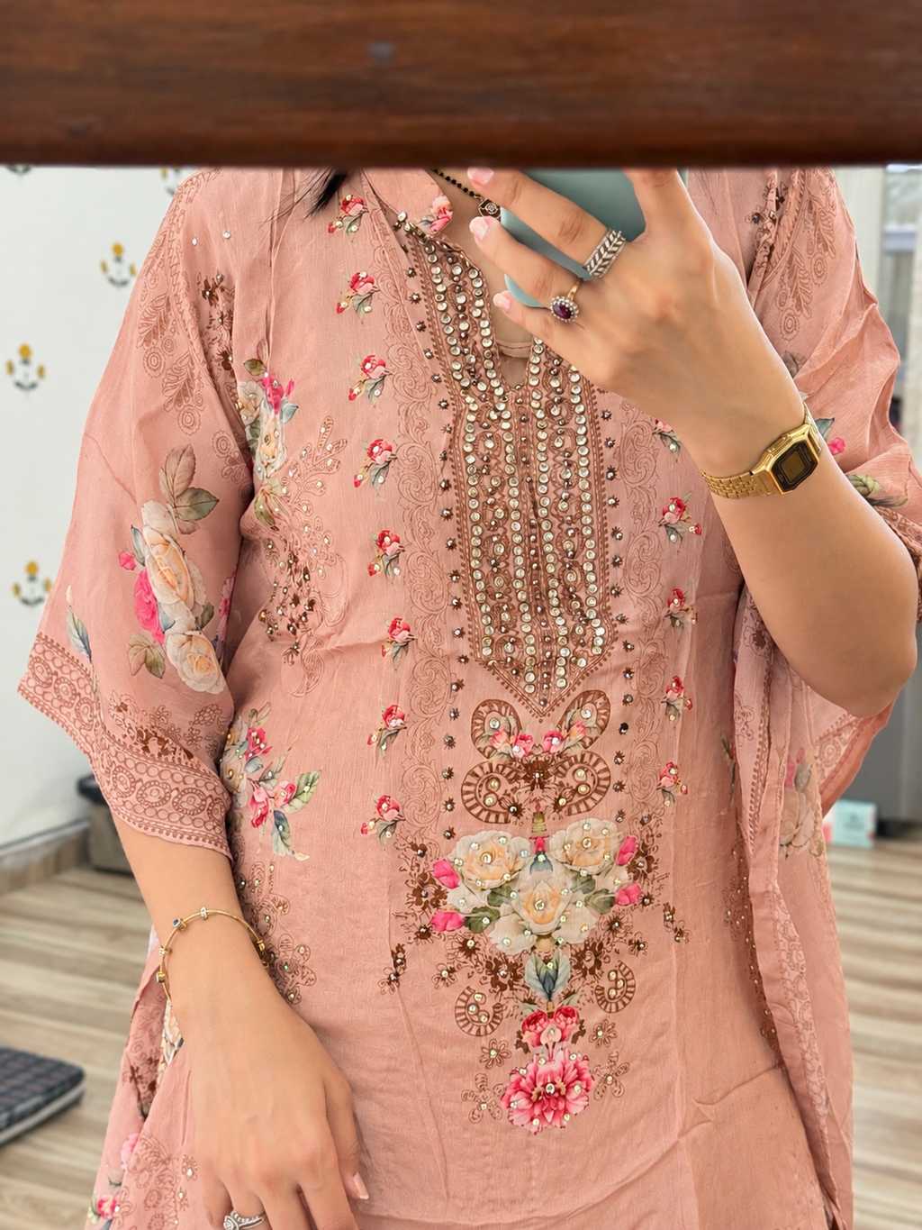 Premium Chinon Partywear Kaftan Set| With inner top | Real mirror work| Sharara bottom