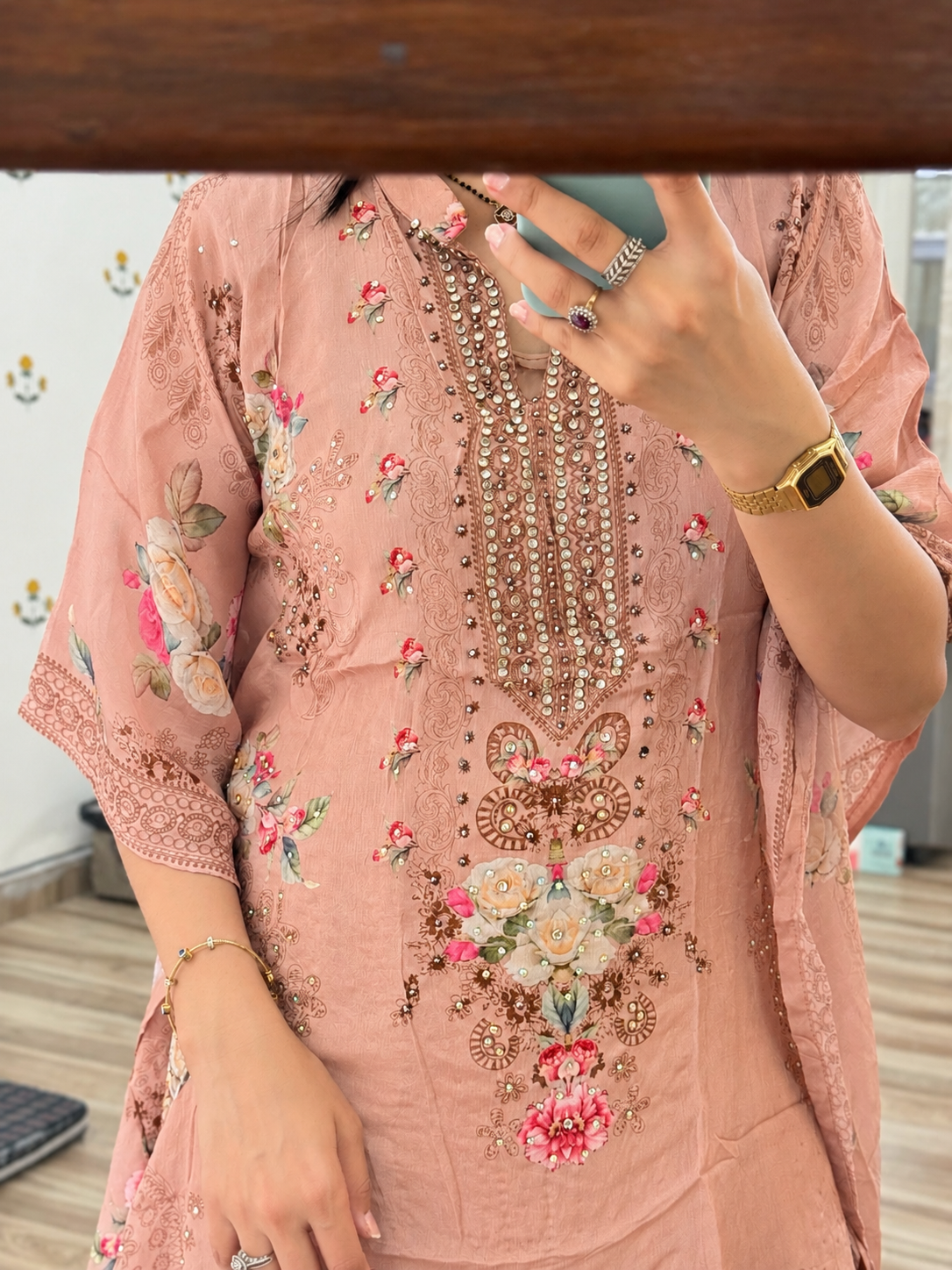 Premium Chinon Partywear Kaftan Set| With inner top | Real mirror work| Sharara bottom